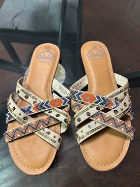 Seychelles Beaded Crisscross Slide Sandals in Cream with Orange & Blue